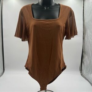 Mangopop Coffee knit square neck bodysuit SZ L. Ruffle flutter Sheer‎ sleeves